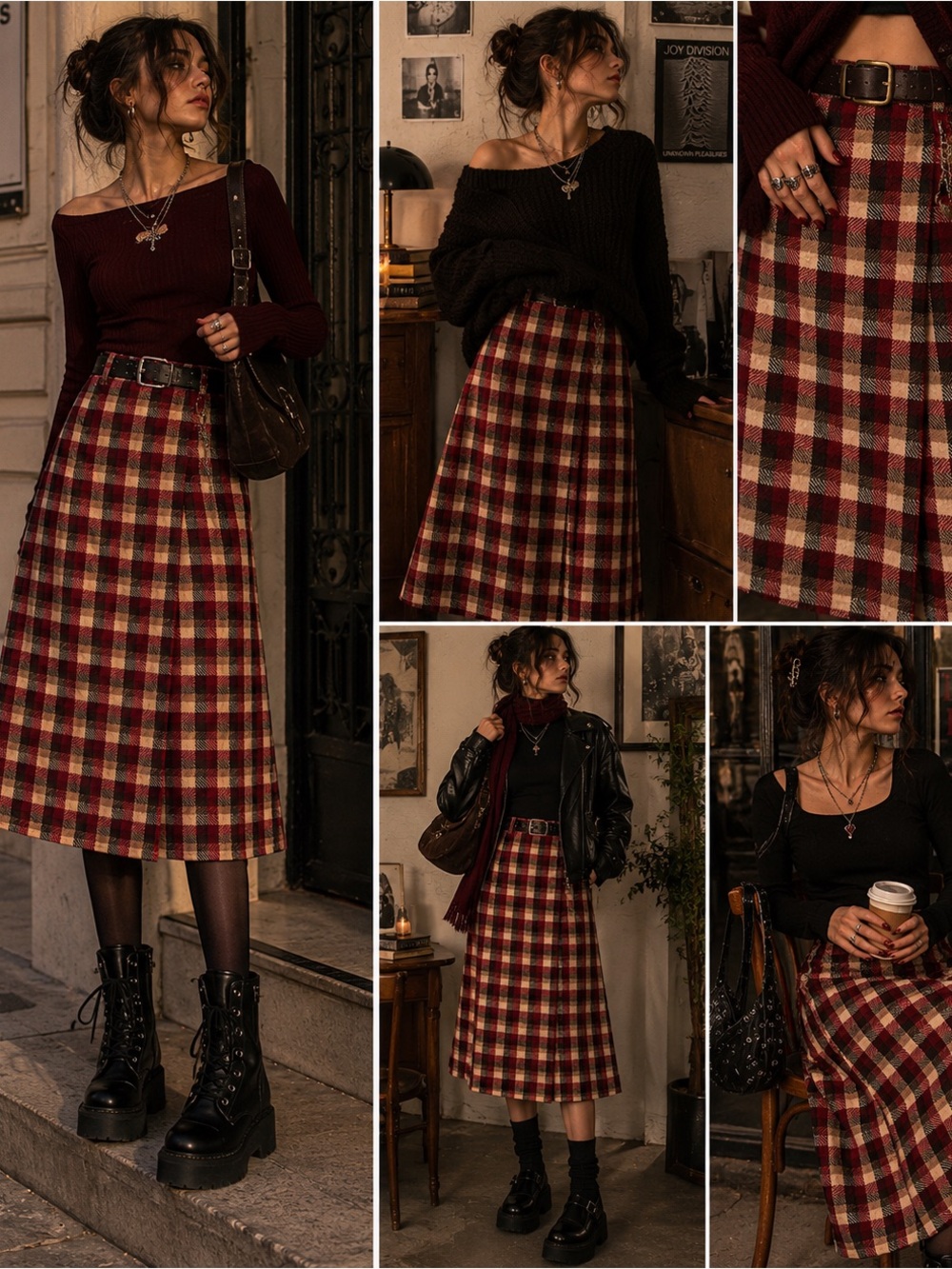 Vintage Catalina Burgundy and Cream Plaid Midi Skirt